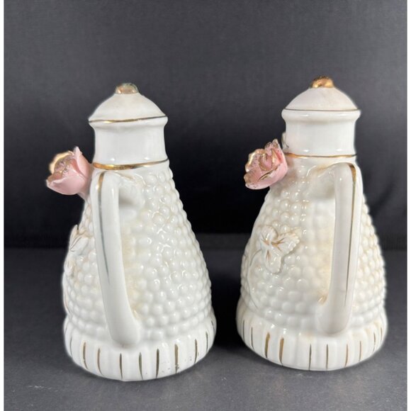 Vintage Teapot Salt and Pepper Shakers White Gold W/ Pink Flower Japan - Picture 5 of 7